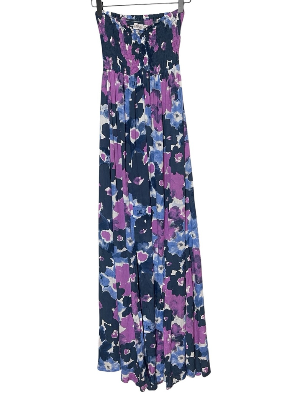 Tiare Hawaii O/S Purple Blue Floral Smocked Strapless Resort Maxi Dress - Picture 2 of 8